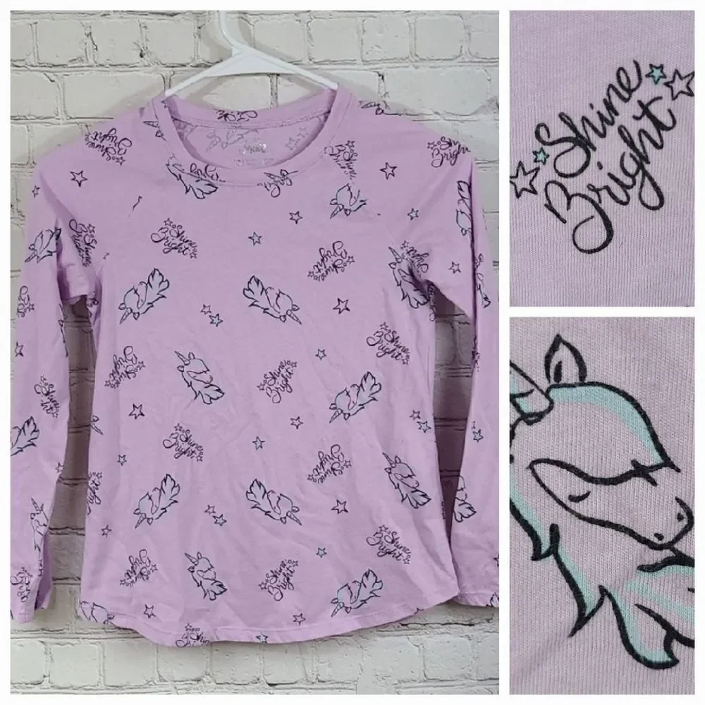 Justice Girls 10 Lavender Purple Unicorn Shine Bright Tee Long Slv T-Shirt